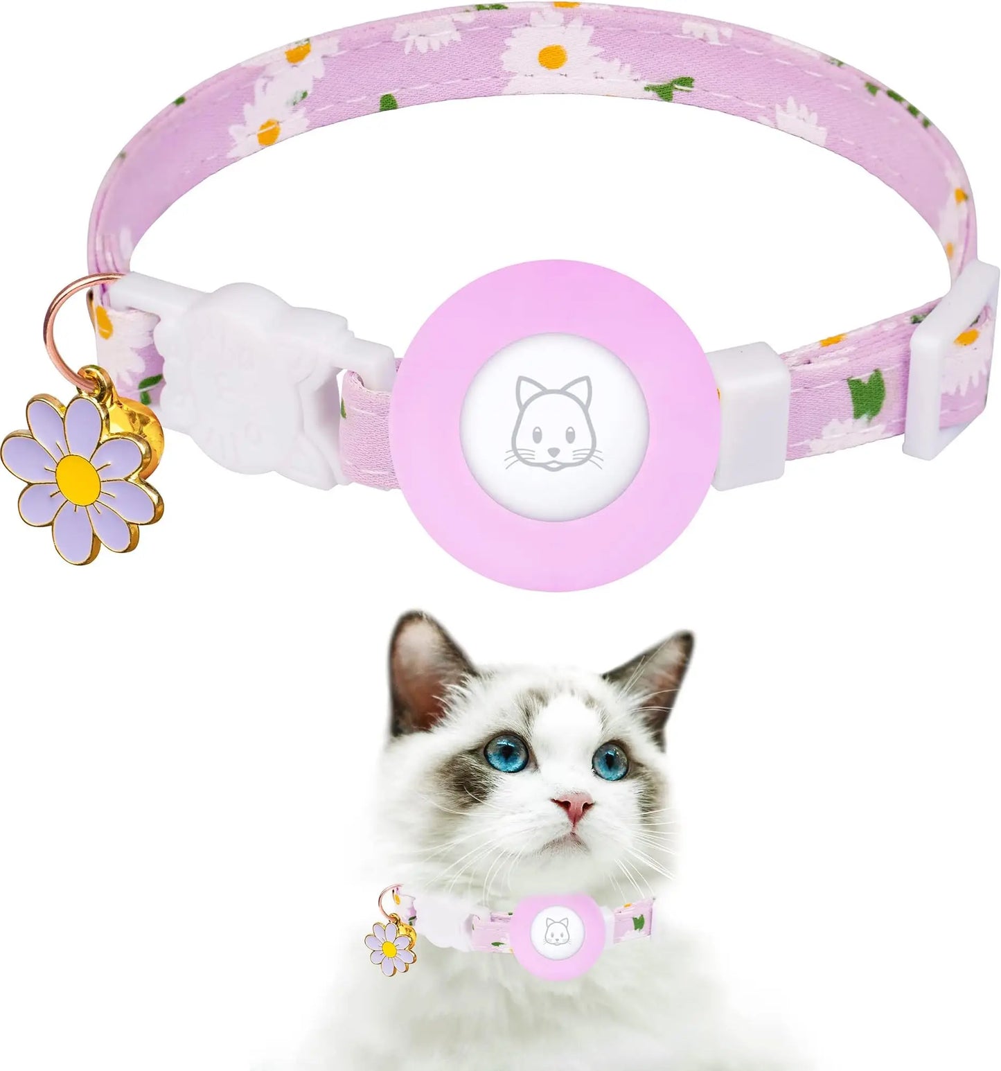 Airtag Cat Collar, Kitten Collar Breakaway with Silicone Airtag Holder, Bells & Flower
