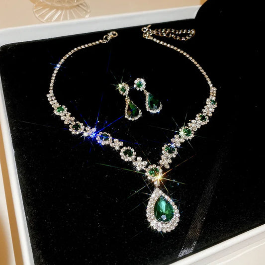 Shiny Crystal Necklace Earrings Fashion Set Big Water Droplet Rhinestone Necklaces Jewelry Set