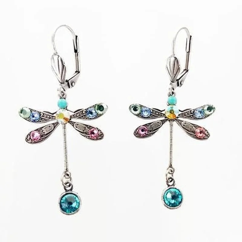 Elegant Personalized Carved Dragonfly Earrings Seven colored gems Hook Drop Earrings