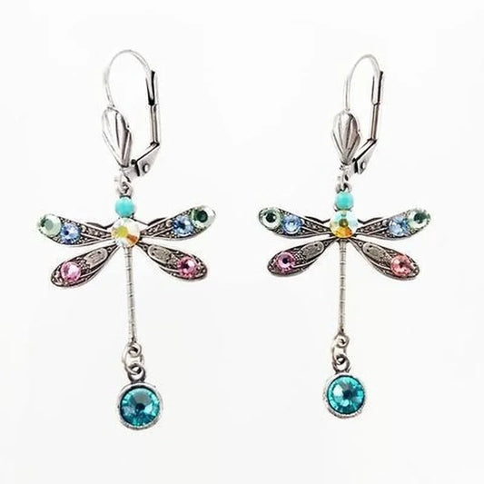 Elegant Personalized Carved Dragonfly Earrings Seven colored gems Hook Drop Earrings
