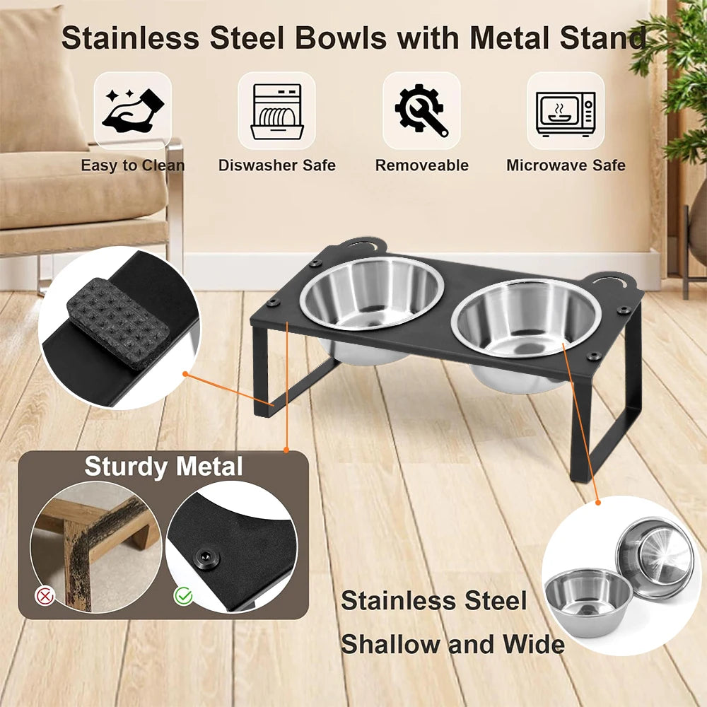 Elevated Cat Food Water Bowls 2 Stainless Steel Bowls with Metal Stand