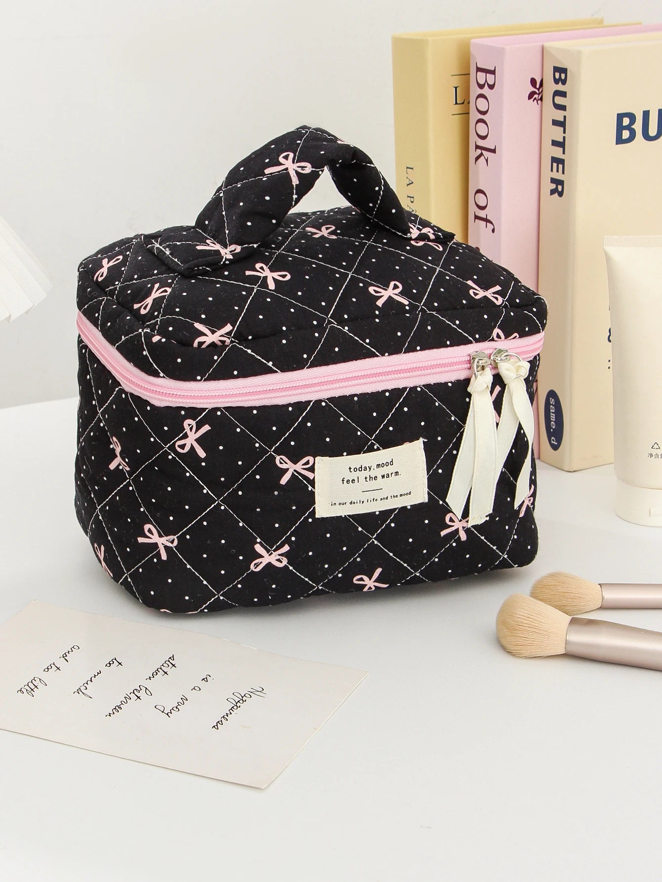 1pc/set Bow Quilted Makeup Bag, Multifunctional Portable Makeup Bag