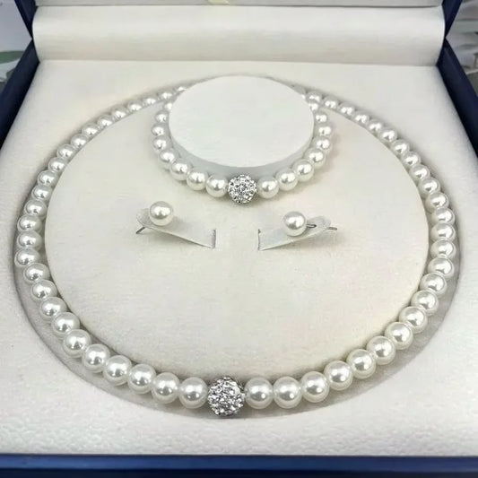 3 PCS set Imitation Pearl Fireball Necklace Bracelet Earring Stud Jewelry Set Silver