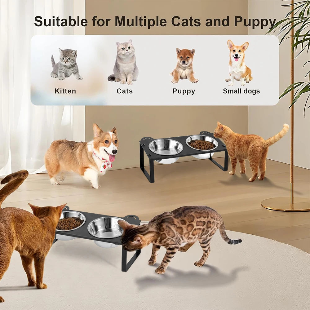 Elevated Cat Food Water Bowls 2 Stainless Steel Bowls with Metal Stand