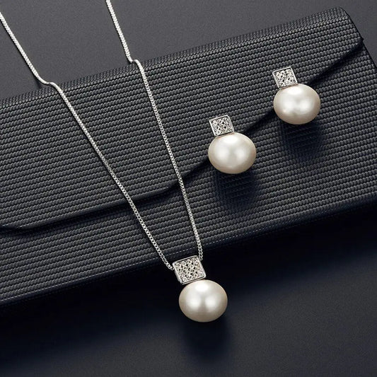 Elegant 2 PCS Imitation Pearl Pendant Women Necklace Earring Stud Set