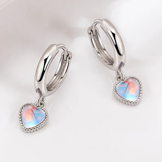 Beautiful 925 Sterling Silver Moonstone Heart Crystals Stud Earrings For Women