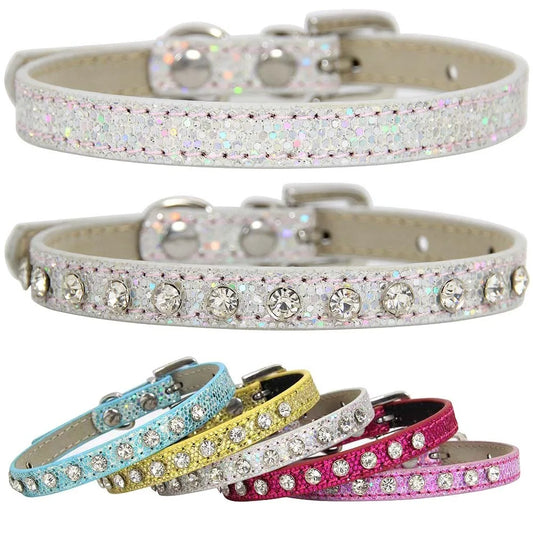 Super Shining Diamond Rhinestone Pet Collar Leather Strap Adjustable