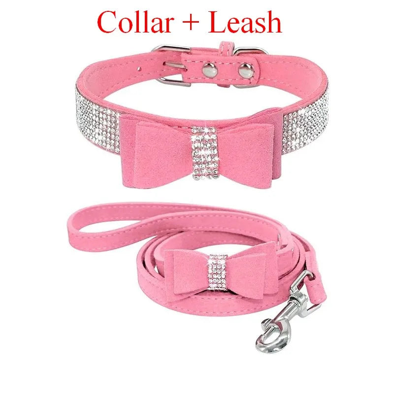 Dog Velvet Leather Collar Leash With Rhinestone Set