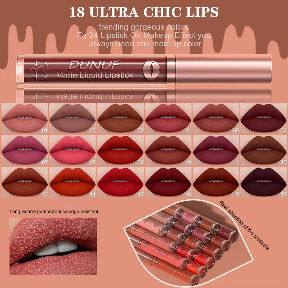 18 Color Waterproof Lip Gloss Nude Apricot Matte Liquid Lipstick Transparent