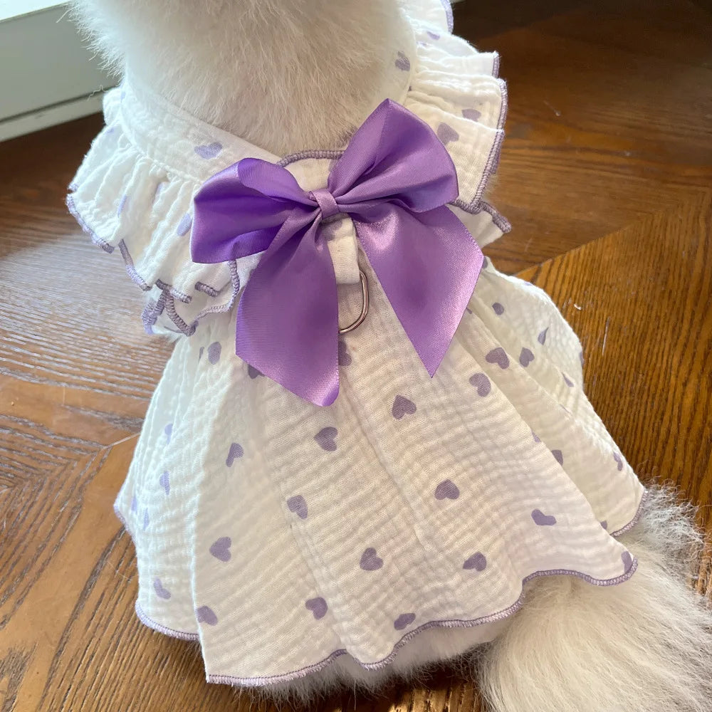 Dog Dress With Heart Print Bow Small Dog Clothing