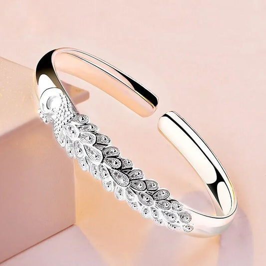 Elegant 925 Sterling Silver Peacock Opening Screen Bracelet For Women