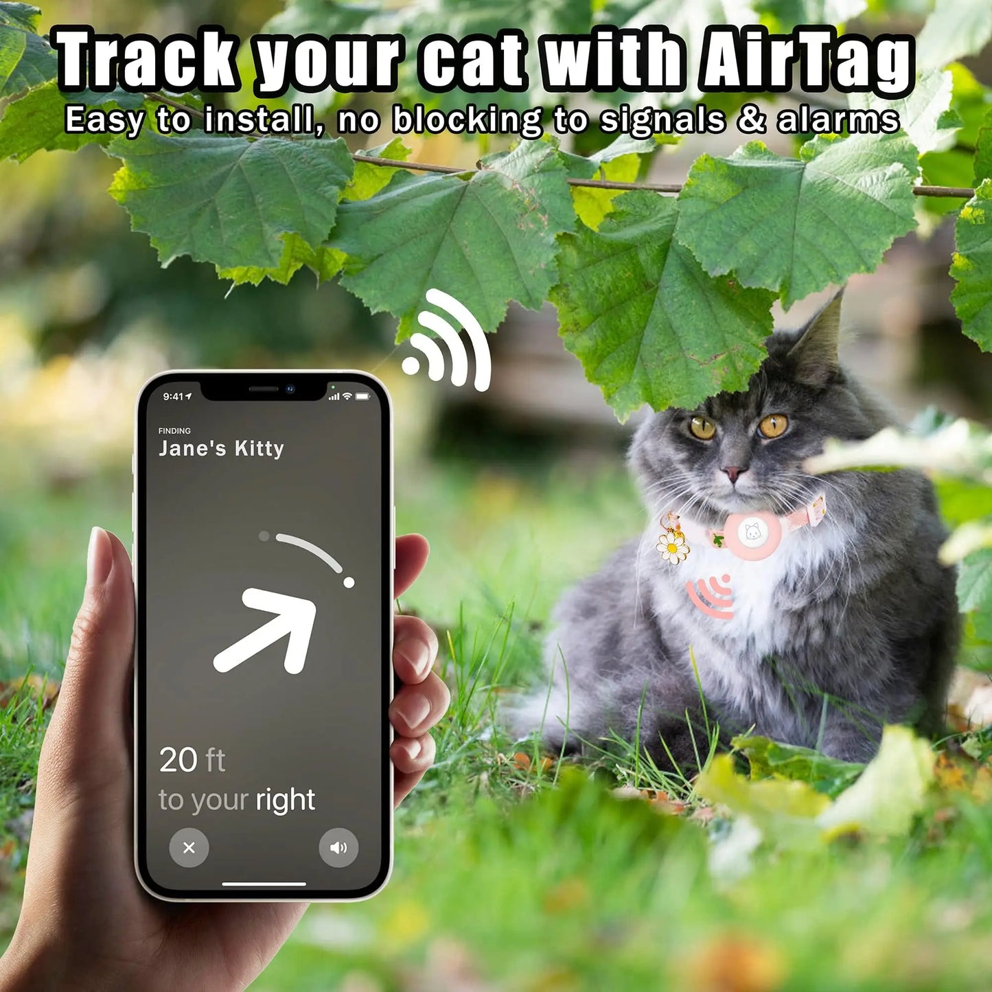 Airtag Cat Collar, Kitten Collar Breakaway with Silicone Airtag Holder, Bells & Flower