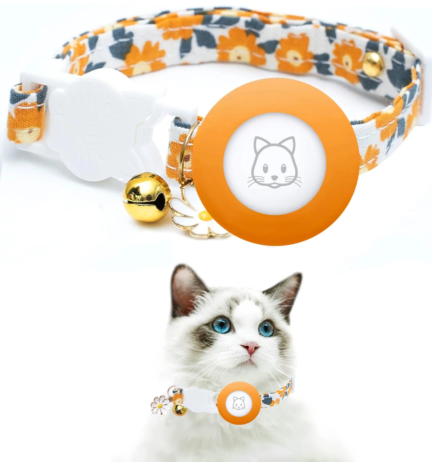 Airtag Cat Collar, Kitten Collar Breakaway with Silicone Airtag Holder, Bells & Flower
