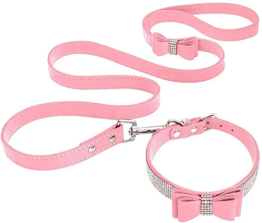 Dog Velvet Leather Collar Leash With Rhinestone Set