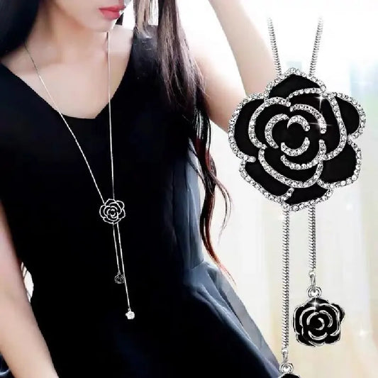 Beautiful Women's Fashion Metal Black Rose Long Necklace Sweater Chain