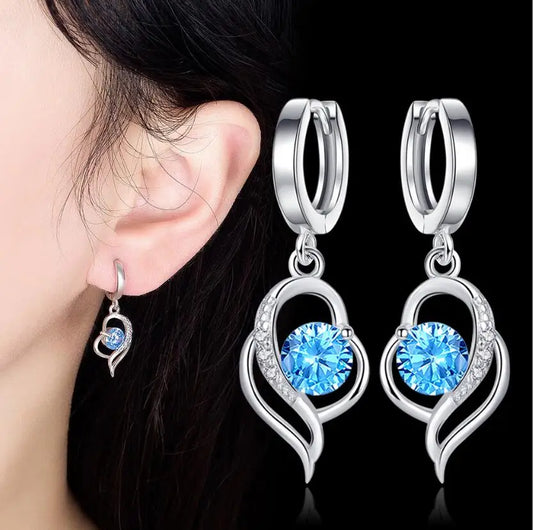 Round Cut Natural Sky Blue Topaz Heart Dangle Drop Earrings 925 Sterling Silver