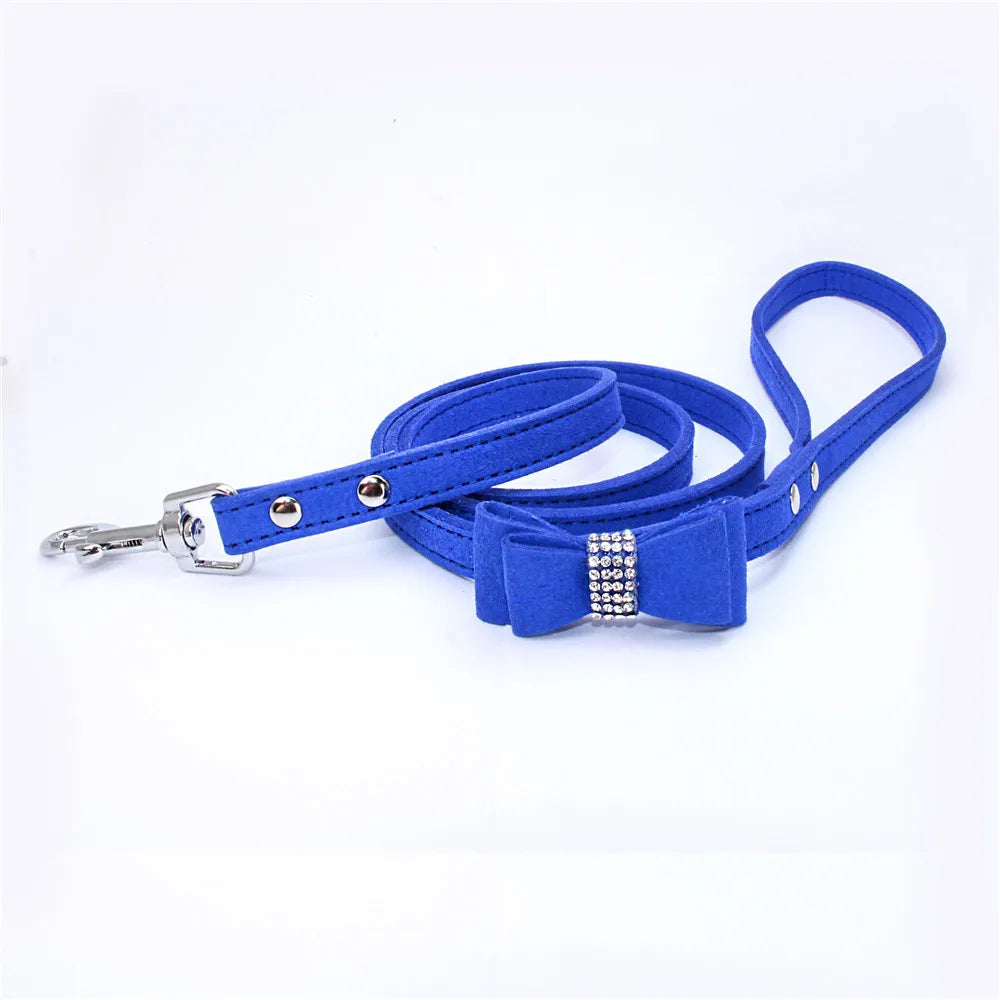 Dog Velvet Leather Collar Leash With Rhinestone Set