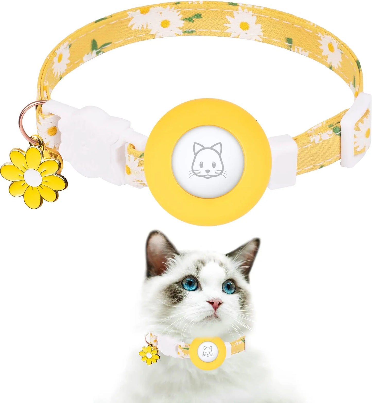 Airtag Cat Collar, Kitten Collar Breakaway with Silicone Airtag Holder, Bells & Flower