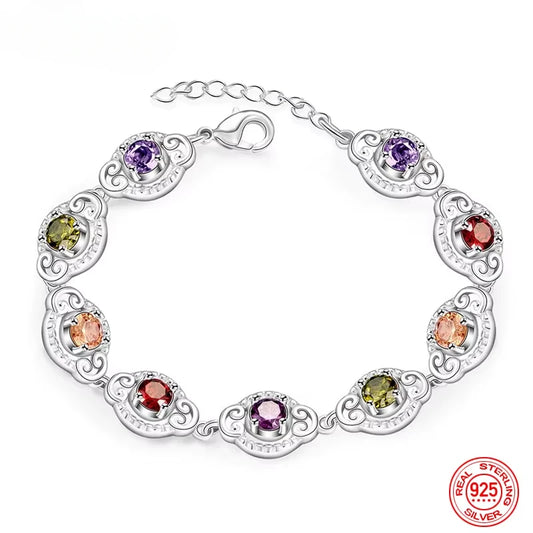 Fine 925 Sterling Silver Fashion Crystal Charm Bracelet  For Women