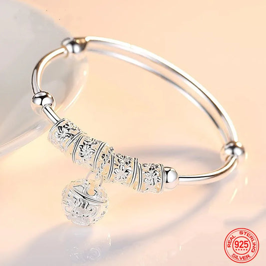 Fine 925 Sterling Silver Hollow Bells Ball Bangles Adjustable Bracelets For Women