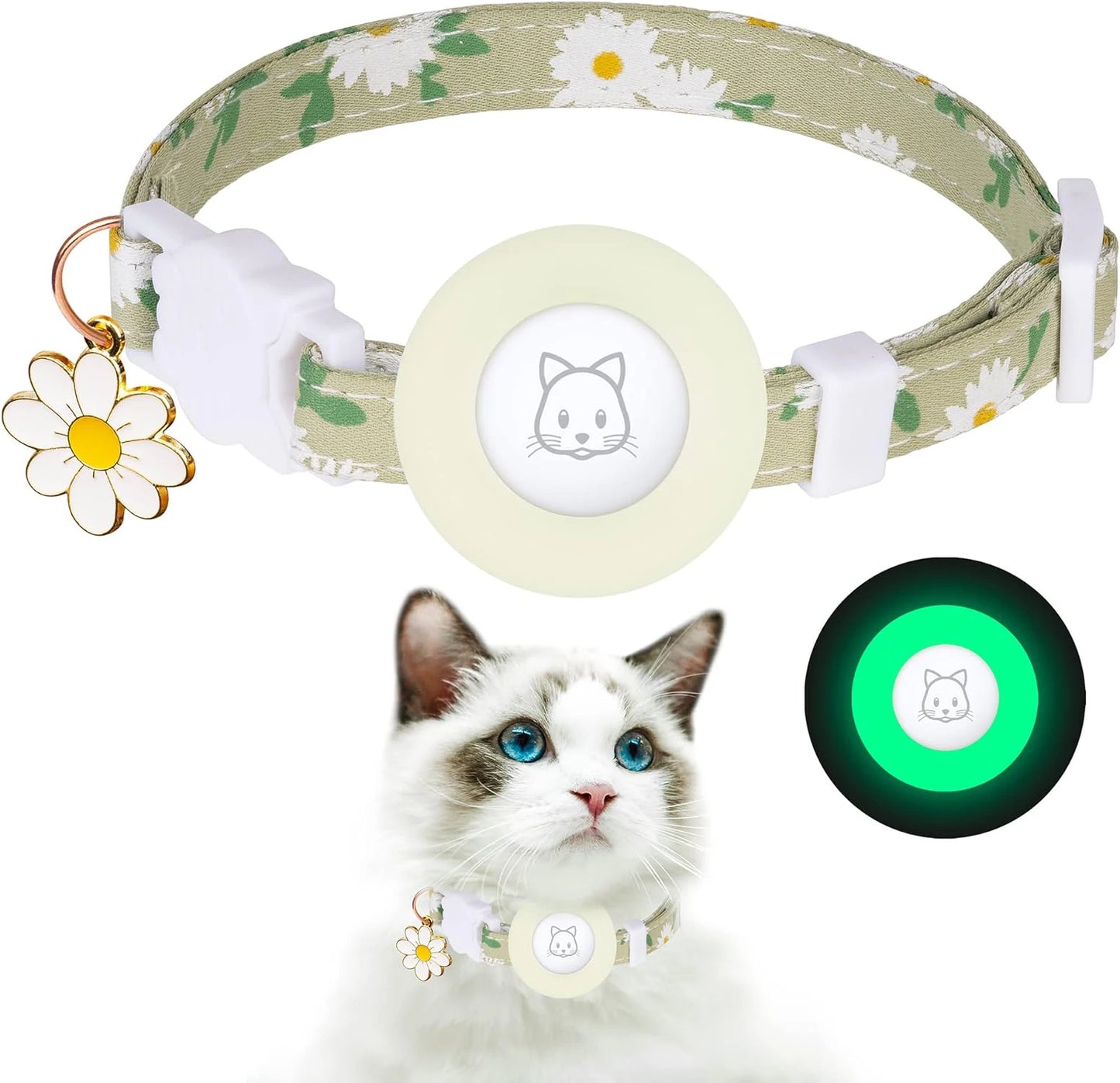 Airtag Cat Collar, Kitten Collar Breakaway with Silicone Airtag Holder, Bells & Flower