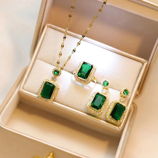 Classic Women's Three Piece Jewelry Set Ring, Fashion Green Zircon Ring, Earrings, Necklace,