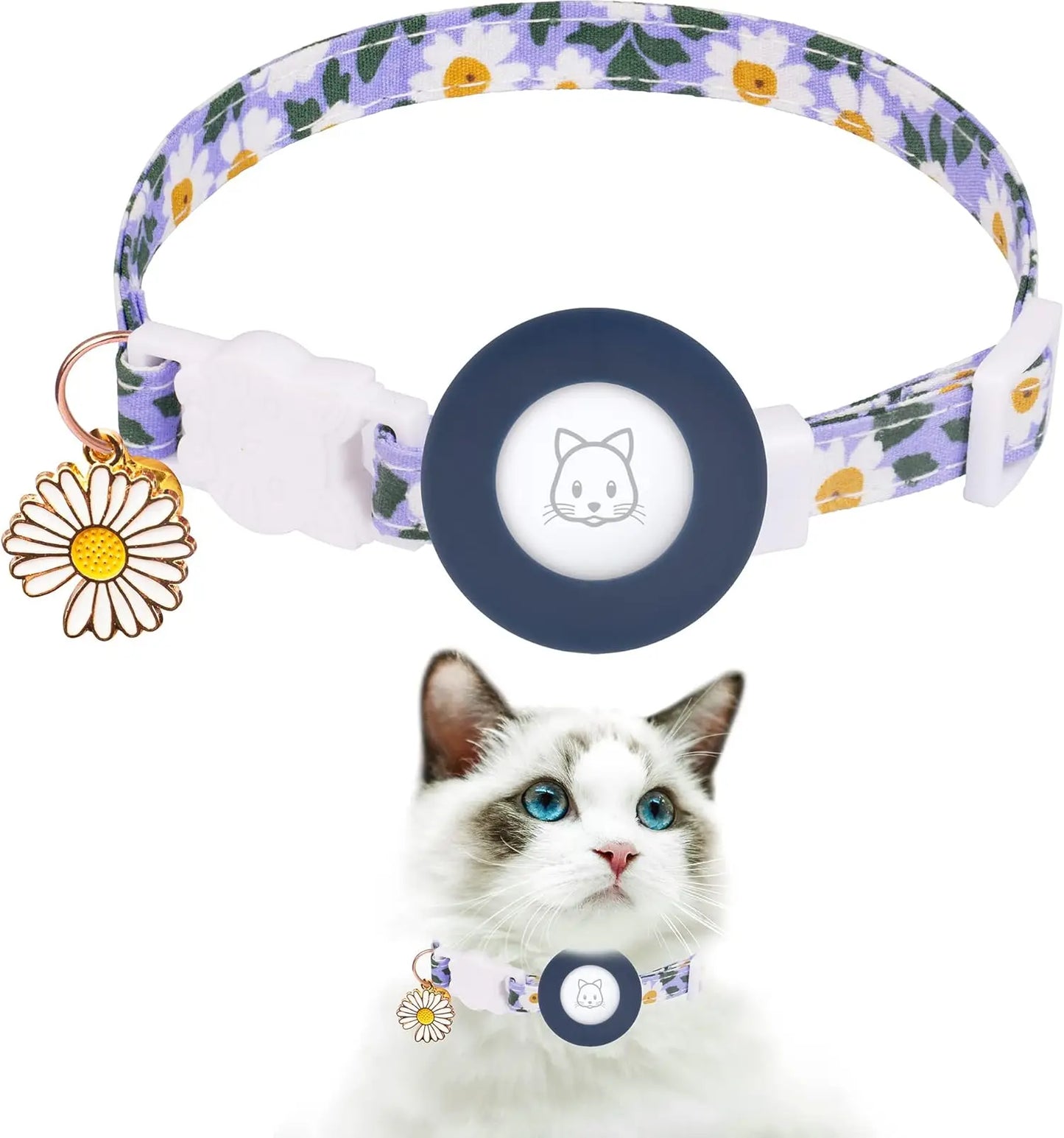 Airtag Cat Collar, Kitten Collar Breakaway with Silicone Airtag Holder, Bells & Flower