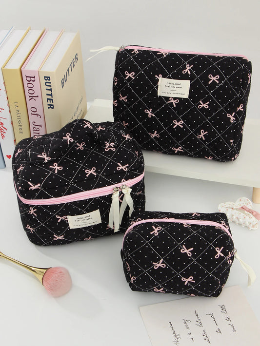 1pc/set Bow Quilted Makeup Bag, Multifunctional Portable Makeup Bag