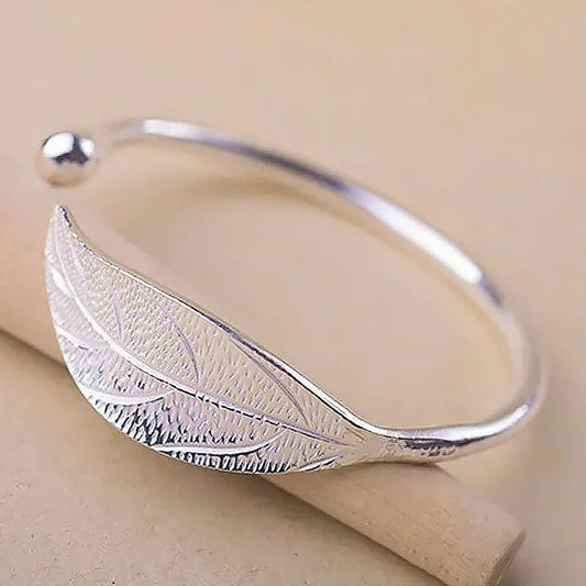 Elegant 925 Sterling Silver Woman Cuff Bracelet Open Leaf Shaped Adjustable