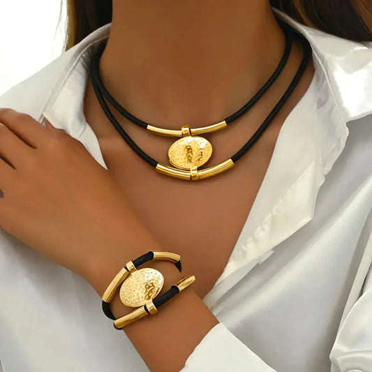 Vintage Oval Metal Faux Leather Necklace Bracelet For Women Fashion Gold Silver Color 2Pcs/Set