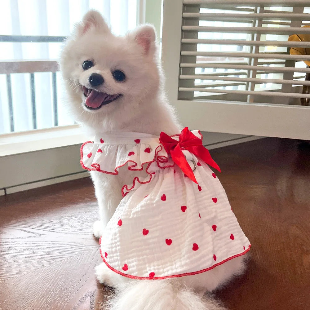 Dog Dress With Heart Print Bow Small Dog Clothing