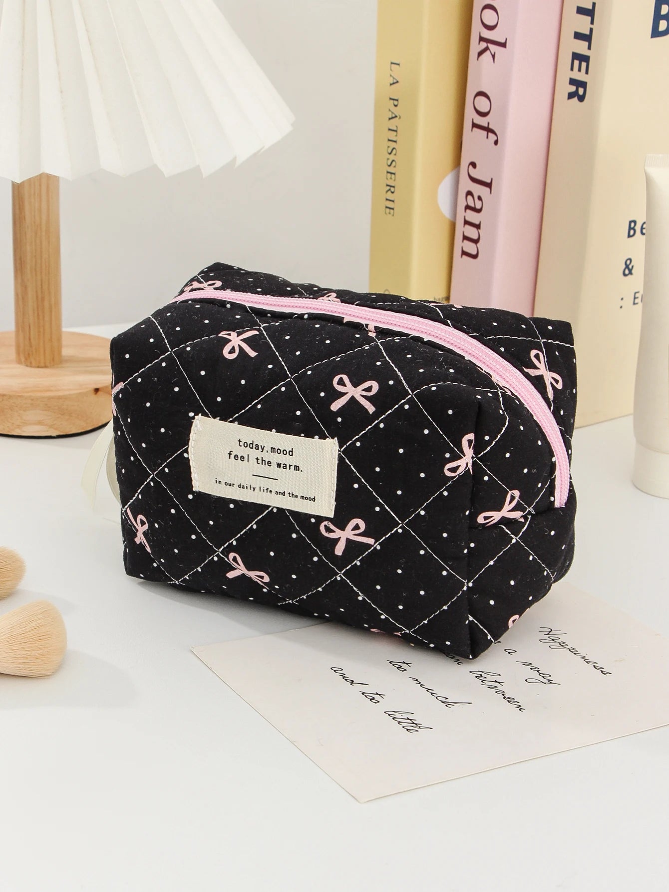 1pc/set Bow Quilted Makeup Bag, Multifunctional Portable Makeup Bag