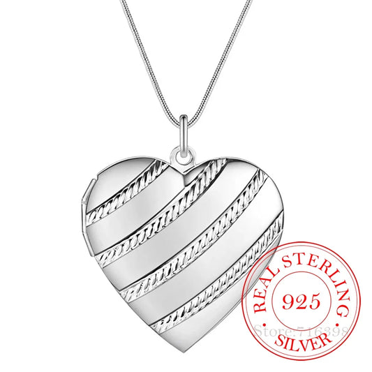 100% Real 925 Sterling Silver Love Heart Photo Frame Pendant Snake Chain Necklaces For Women
