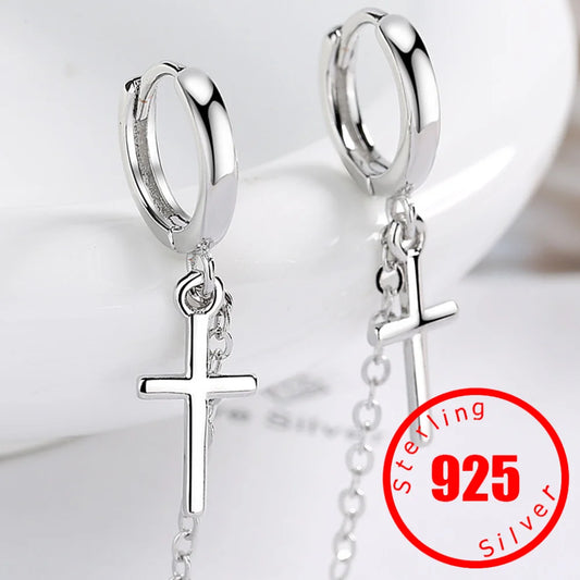 925 Sterling Stamp Silver Cross Pendant Hoop Earrings Hypoallergenic Earrings for Women