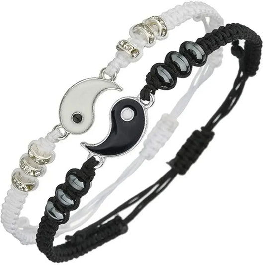 2 PC Jewelry Set Couple Black White Tai Chi Bracelet Adjustable