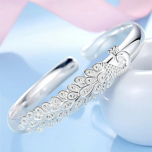 New 925 Sterling Silver Elegant Peacock Opening Screen Bracelet